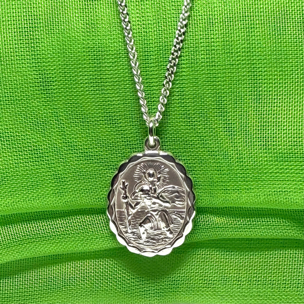 Sterling silver oval double sided St. Christopher with chain