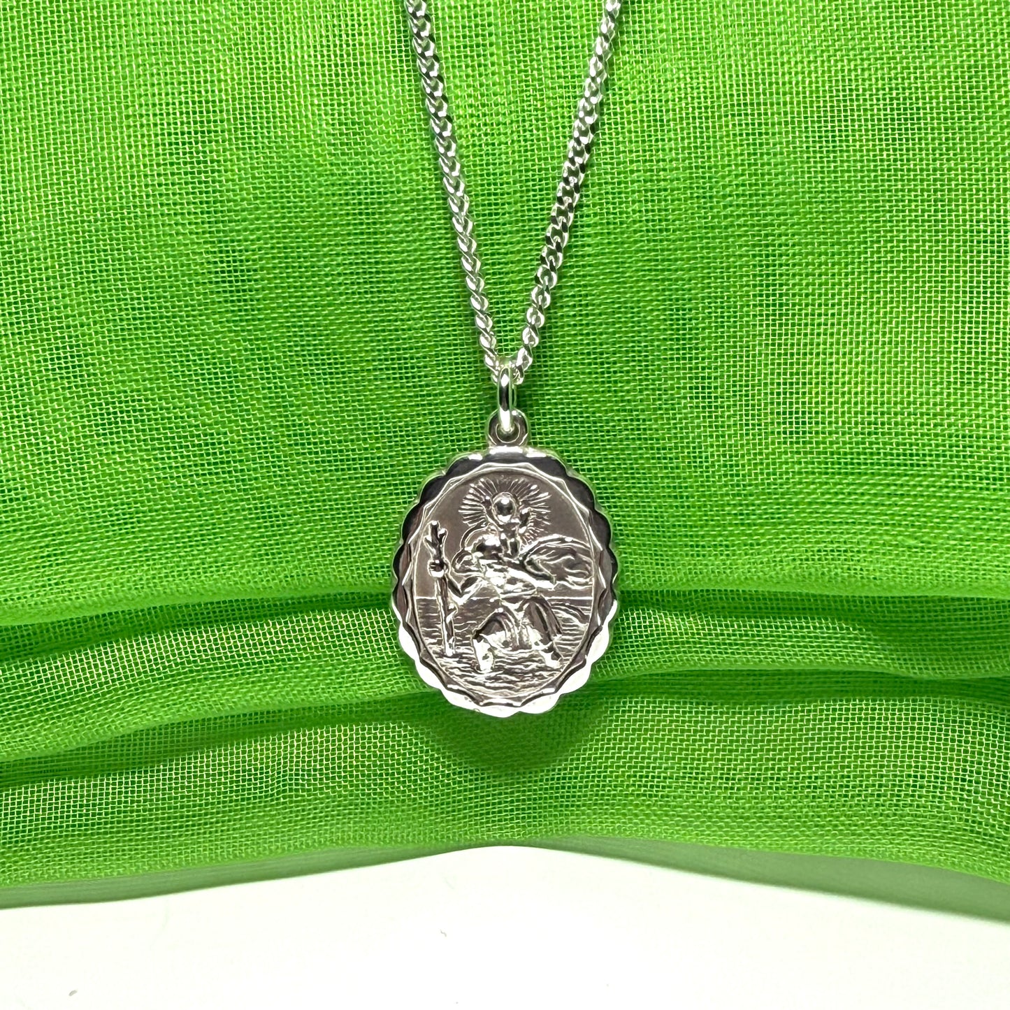 Sterling silver oval double sided St. Christopher with chain