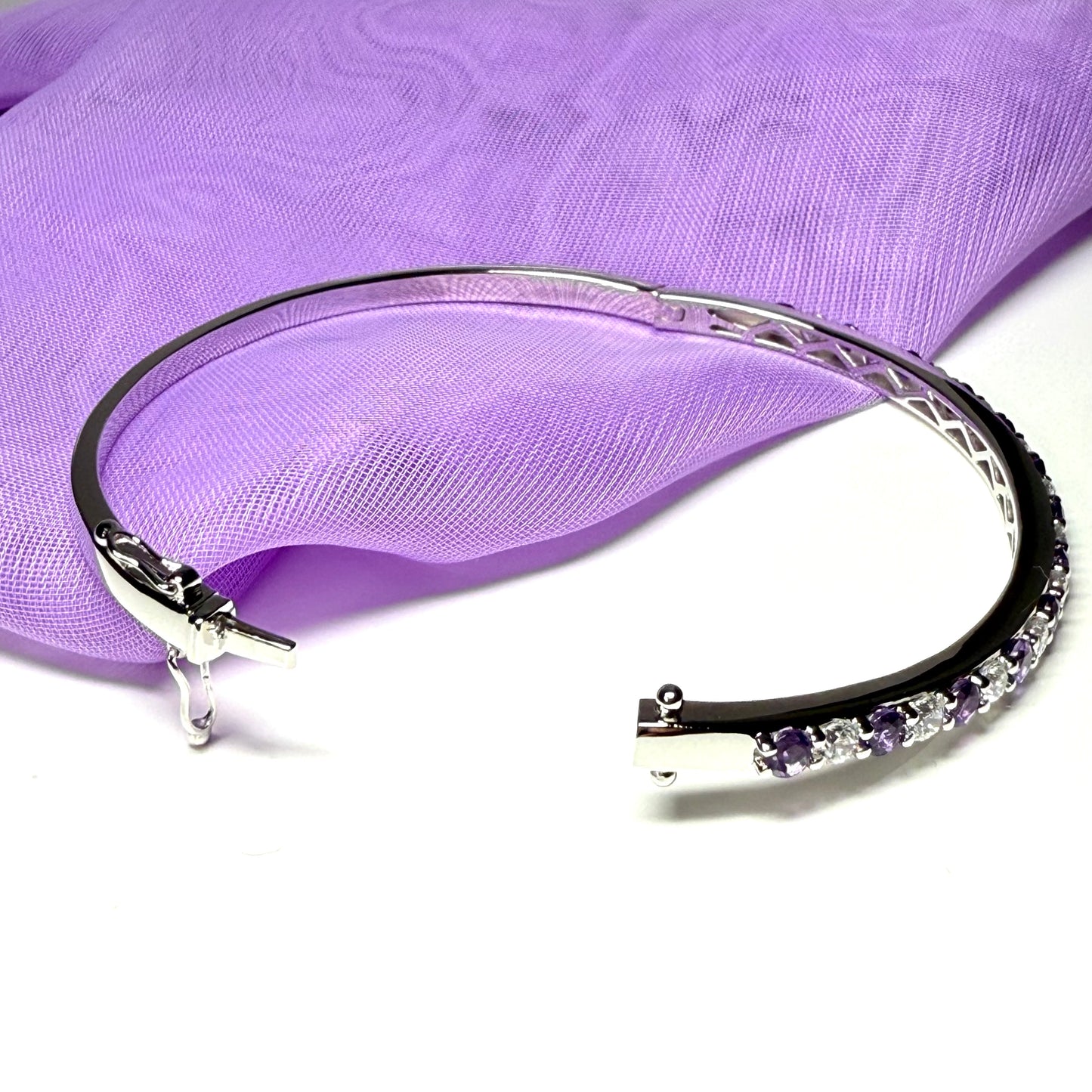 Sterling silver oval real amethyst and cubic zirconia purple bangle - open
