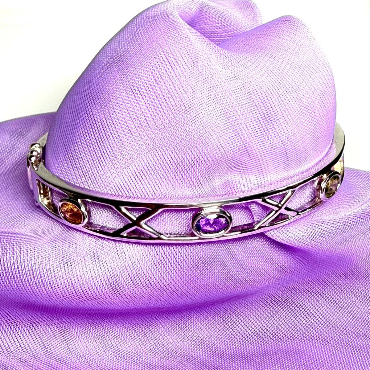 Sterling silver oval real peridot, real amethyst and real citrine, purple, green and yellow open pierced kiss bangle
