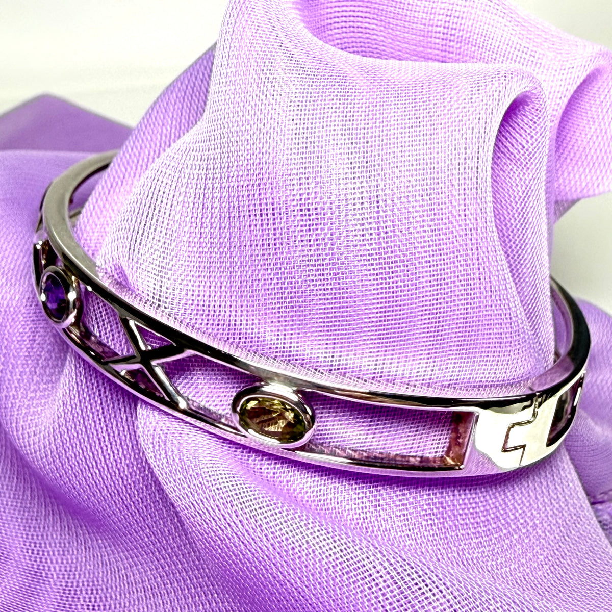 Sterling silver oval real peridot, real amethyst and real citrine, purple, green and yellow open pierced kiss bangle