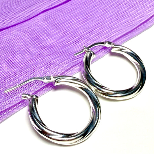 Sterling silver patterned twisted 25 mm hoop earrings