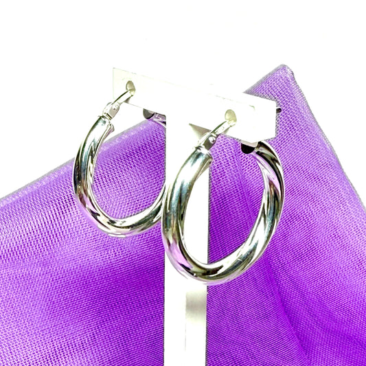 Sterling silver patterned twisted round hoop earrings 22 mm
