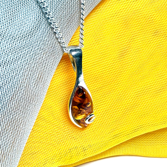 Sterling silver real amber marquise shape necklace swirl pendant with chain