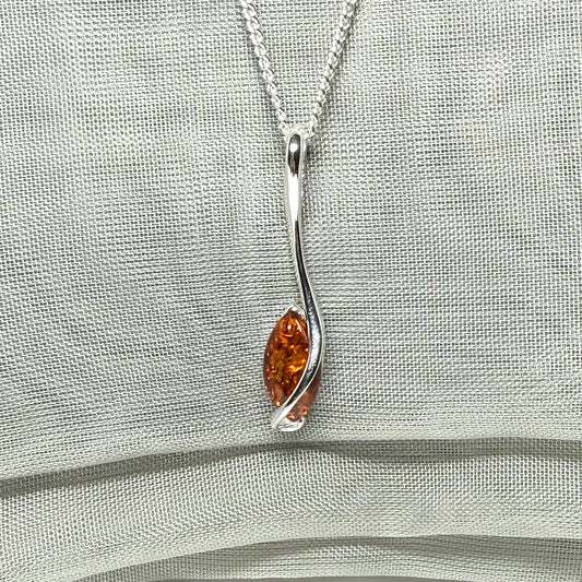 Sterling silver real amber marquise shaped necklace swirled pendant