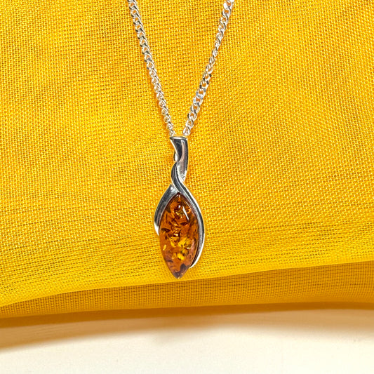Sterling silver real amber marquise shaped necklace twisted marquise shaped pendant with a chain
