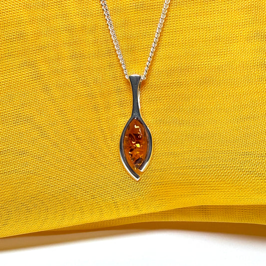 Sterling silver real amber pear shaped necklace open teardrop shaped pendant with chain