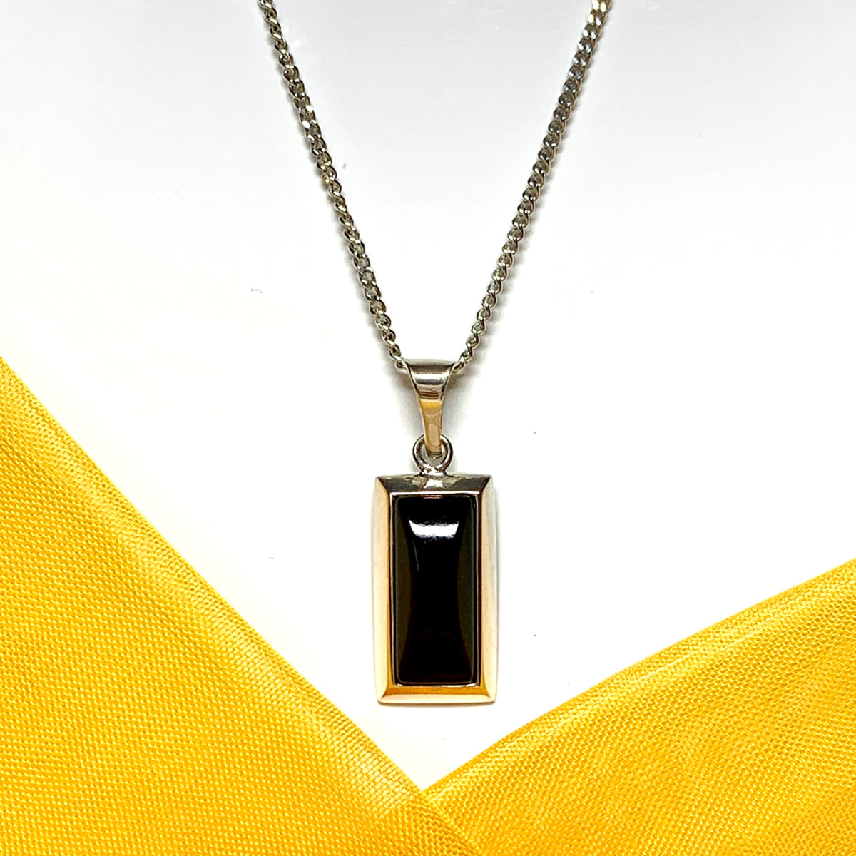 Sterling silver real jet black long rectangular necklace pendant