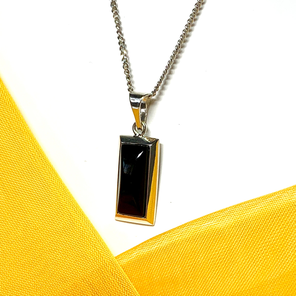 Sterling silver real jet black long rectangular necklace pendant