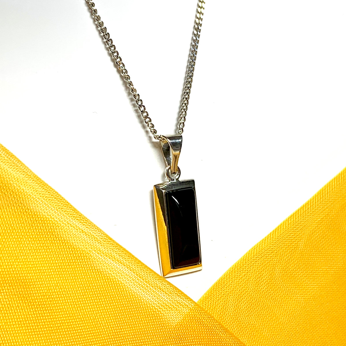 Sterling silver real jet black long rectangular necklace pendant