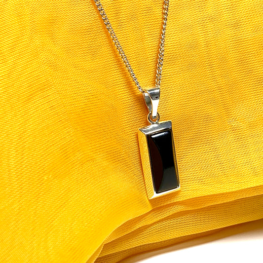 Sterling silver real jet black long rectangular necklace pendant