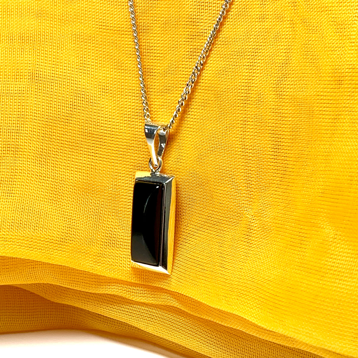 Sterling silver real jet black long rectangular necklace pendant