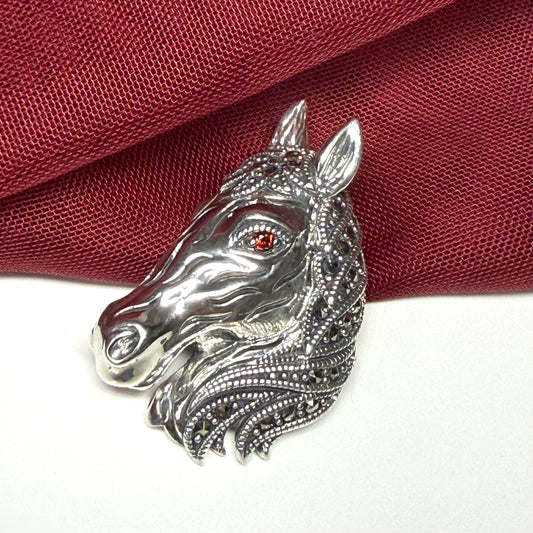 Sterling silver real marcasite horse shaped brooch