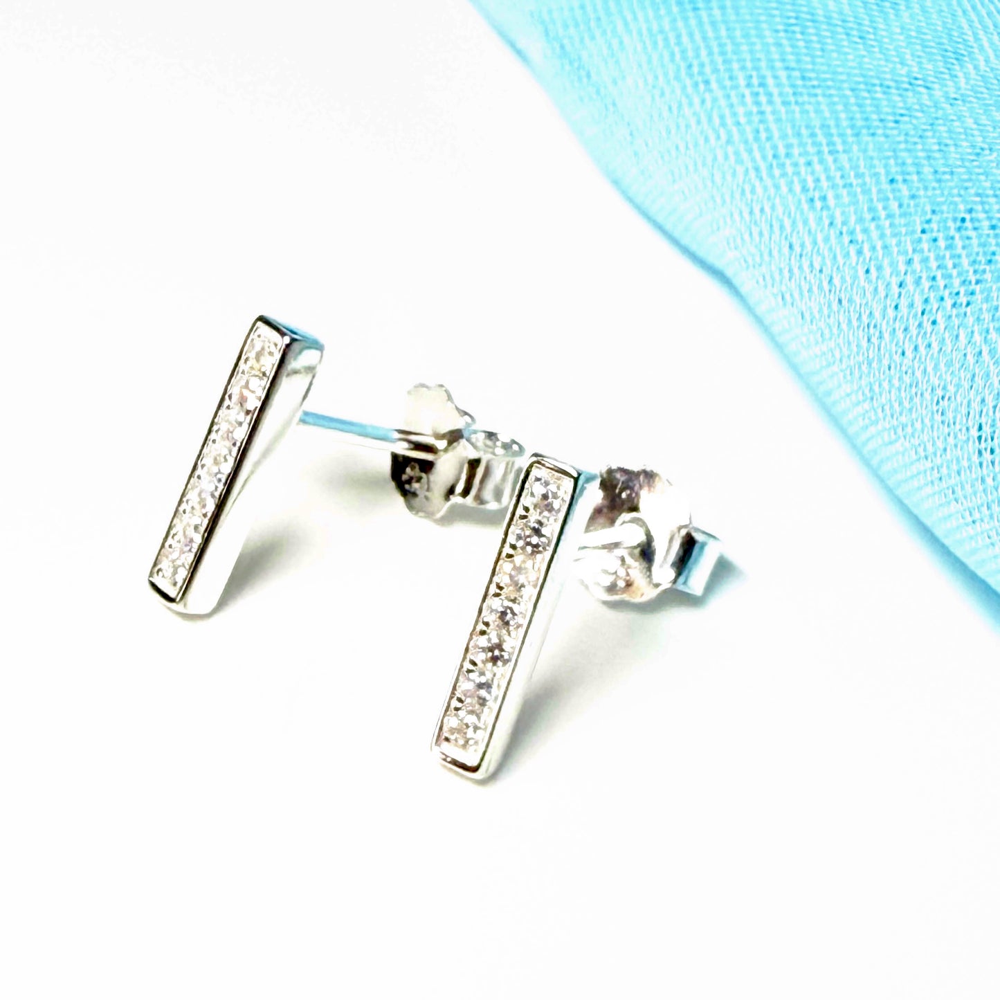 Sterling silver rectangle shaped cubic zirconia stud long earrings