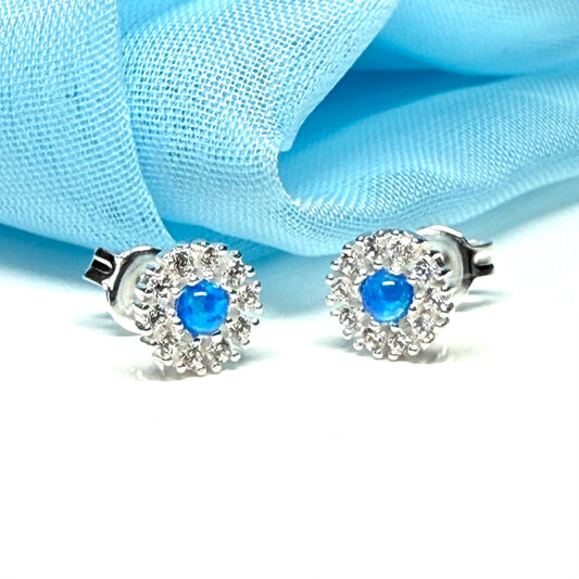 Sterling silver round shaped cluster opal and cubic zirconia stud earrings