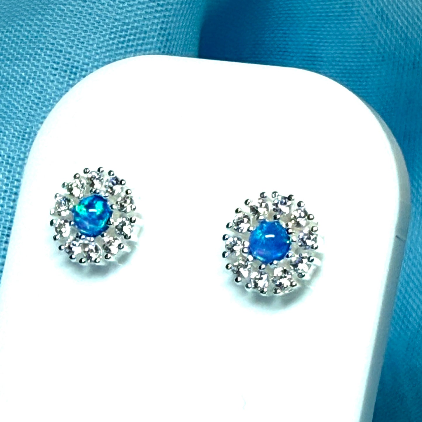 Sterling silver round shaped cluster opal and cubic zirconia stud earrings