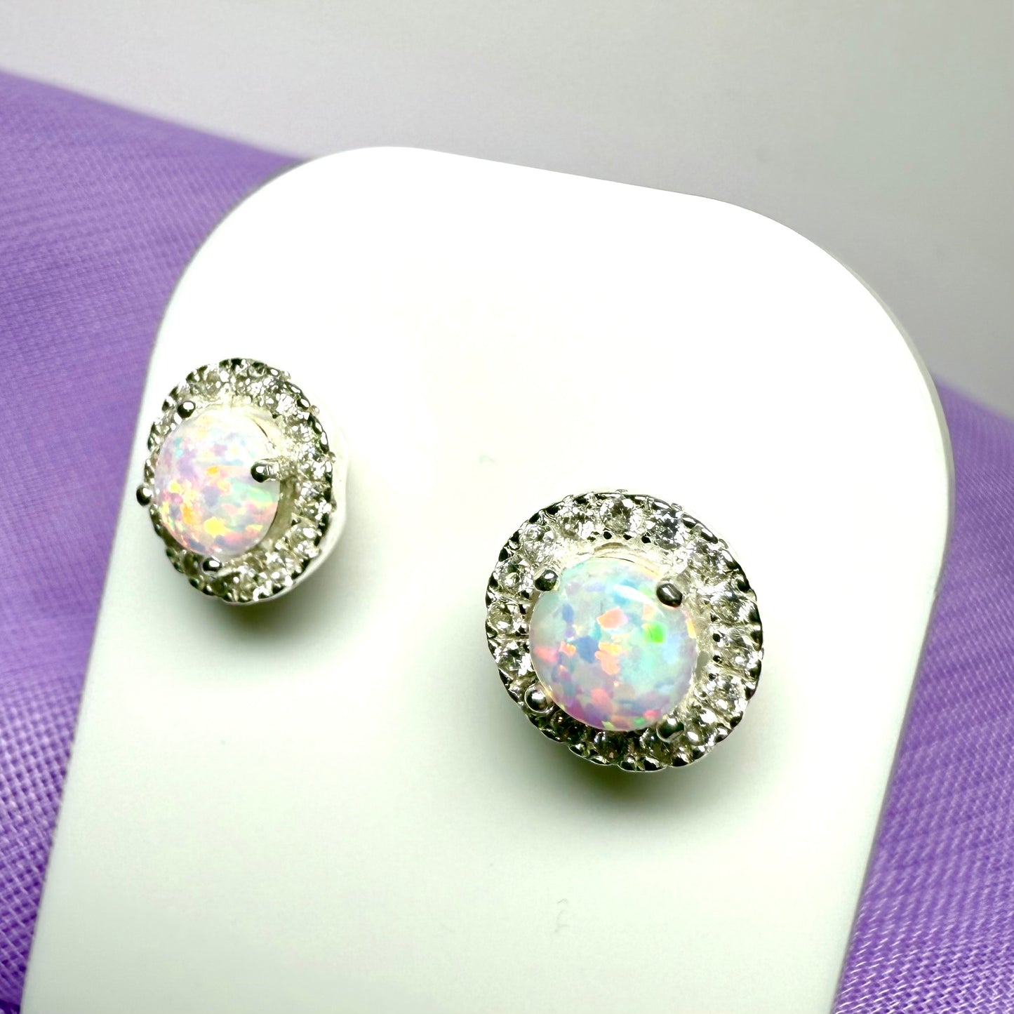 Sterling silver round shaped opal and cubic zirconia stud earrings