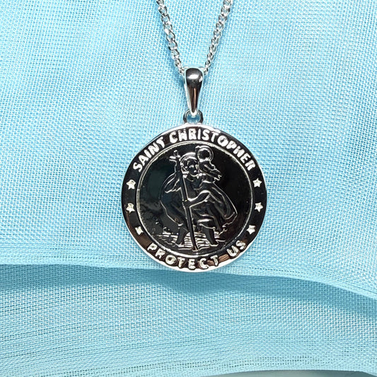 Sterling silver round solid St. Christopher with chain included 22 mm