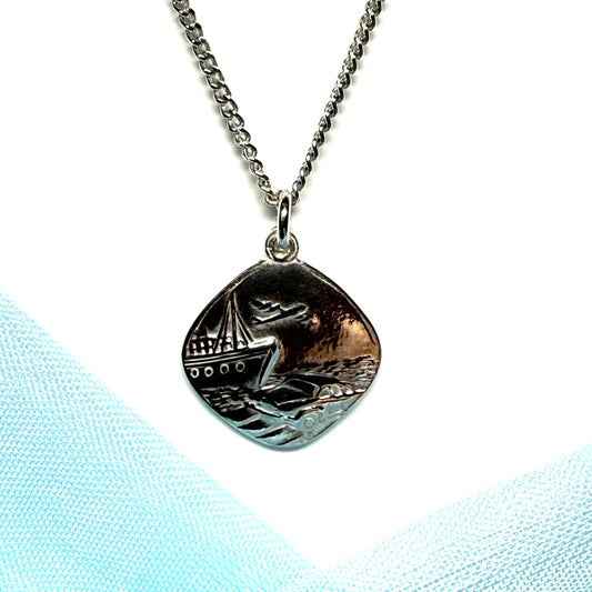 Sterling silver solid cushion shaped St. Christopher necklace double sided with chain reverse side