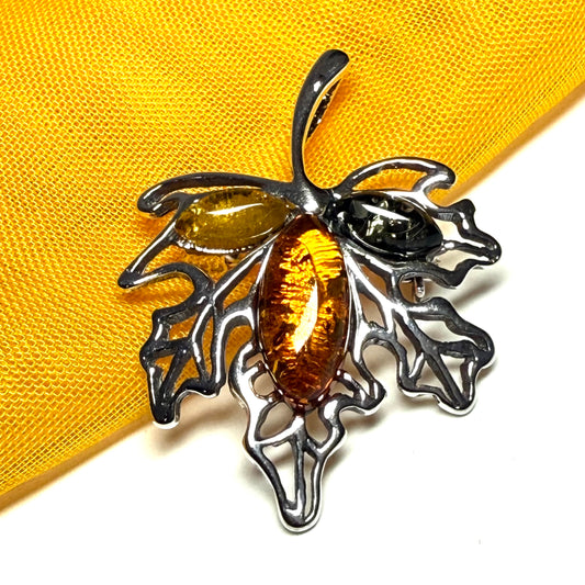 Sterling silver real amber maple leaf shaped brooch