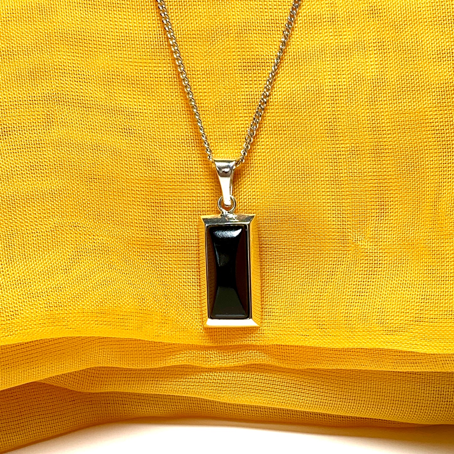 Sterling silver real jet black long rectangular necklace pendant