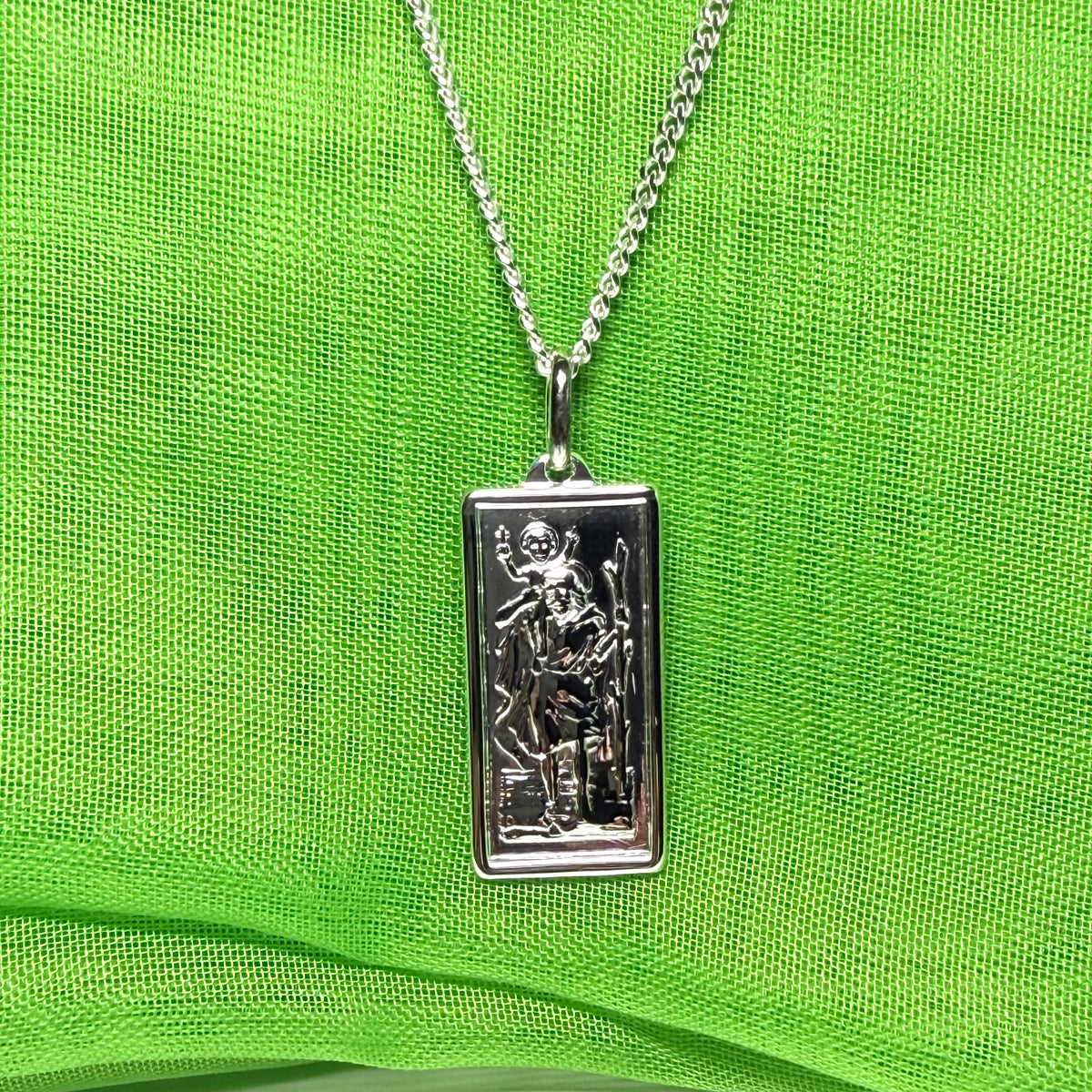 Sterling silver square rectangle shape St. Christopher with chain