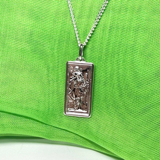 Sterling silver square rectangle shape St. Christopher with chain