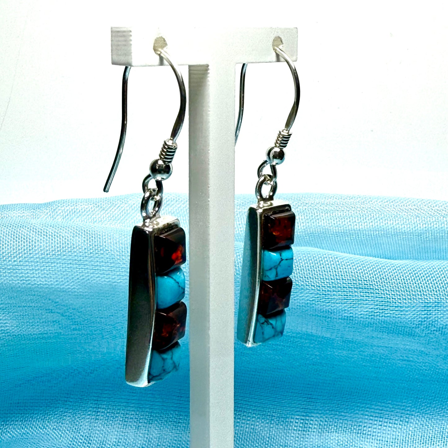 Sterling silver turquoise and real amber square drop earrings