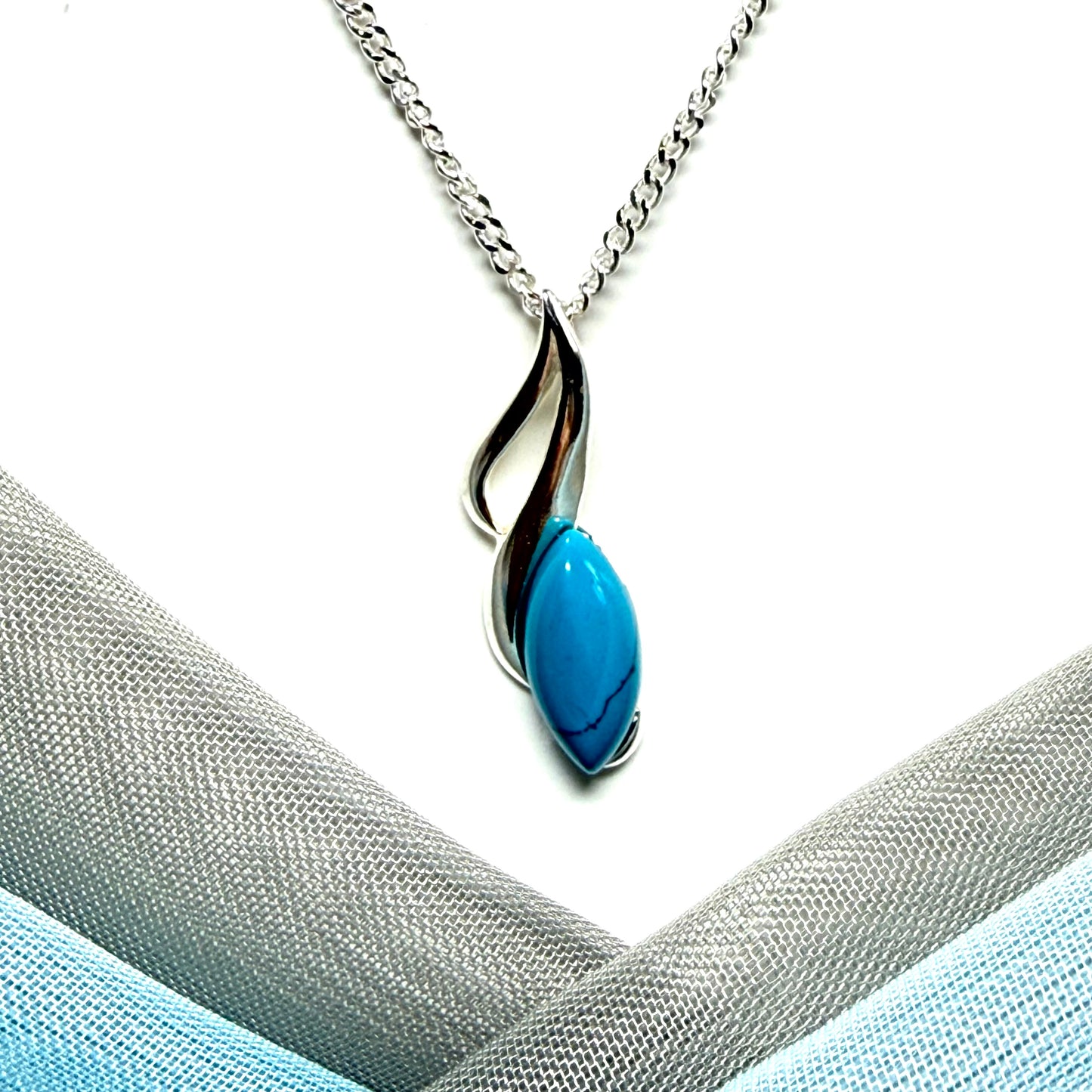 Sterling silver turquoise marquise shape necklace fancy open pierced pendant