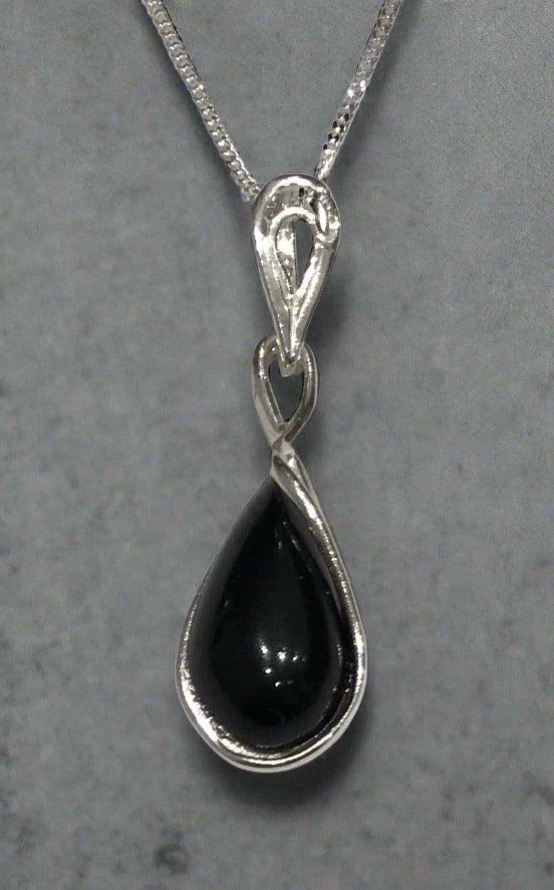 Sterling silver black real jet pear shaped necklace