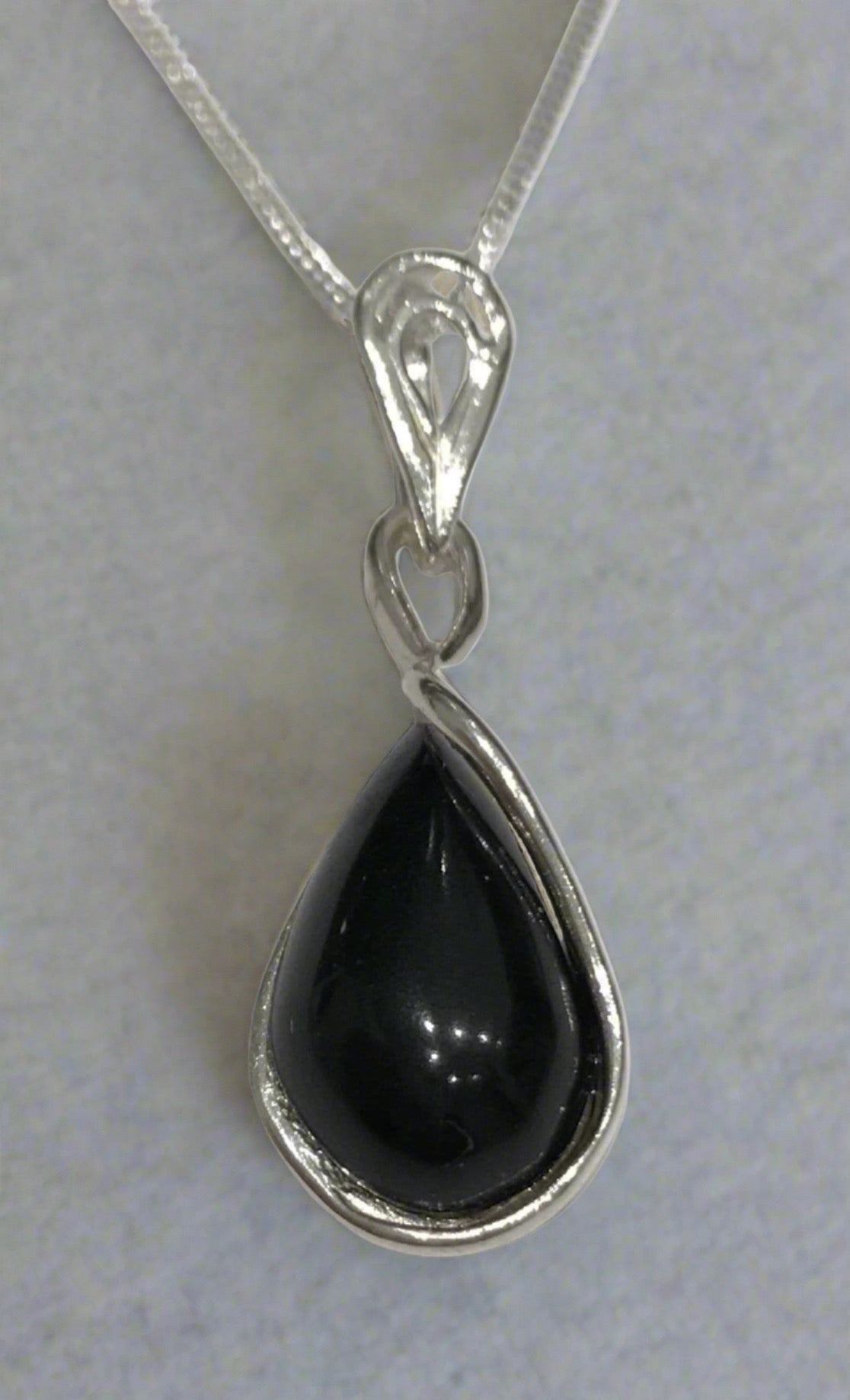 Sterling silver black real jet pear shaped necklace