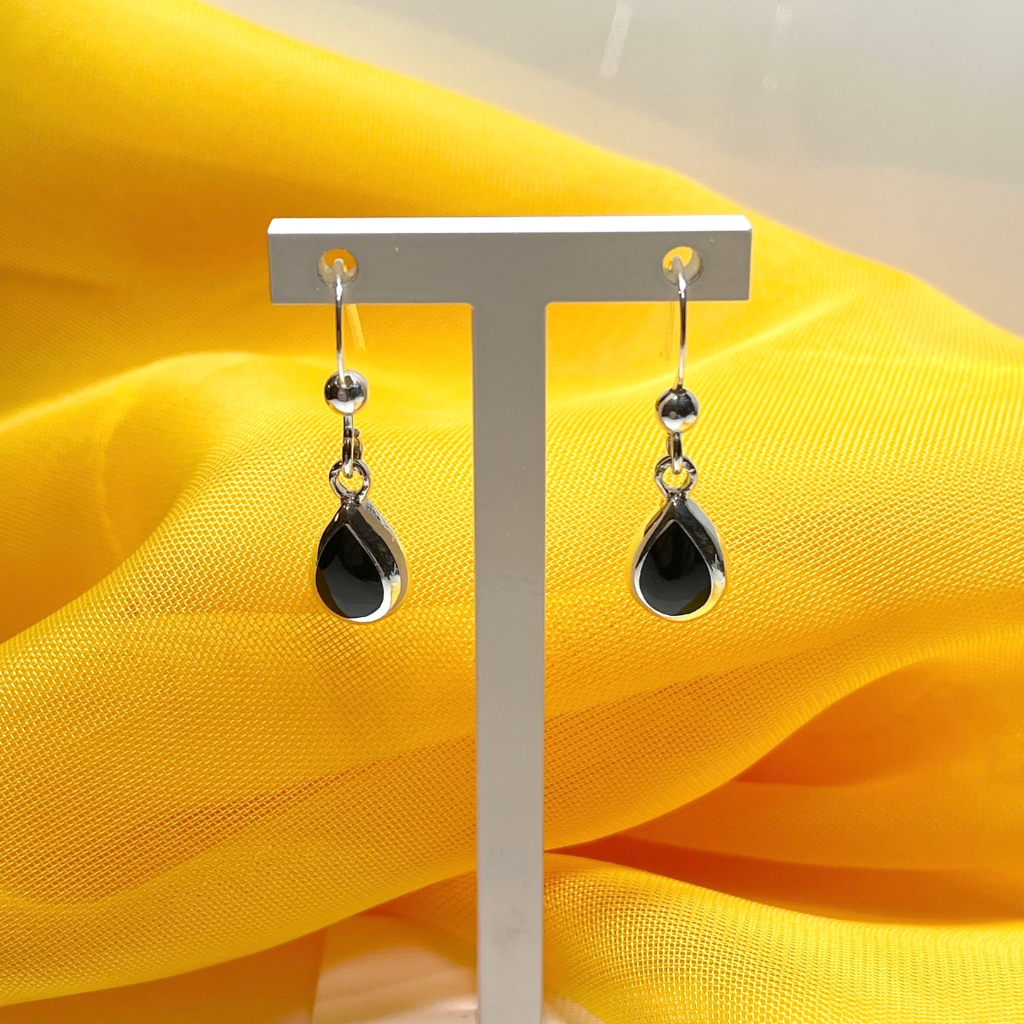 Sterling silver black real onyx drop earrings teardrop pear shaped