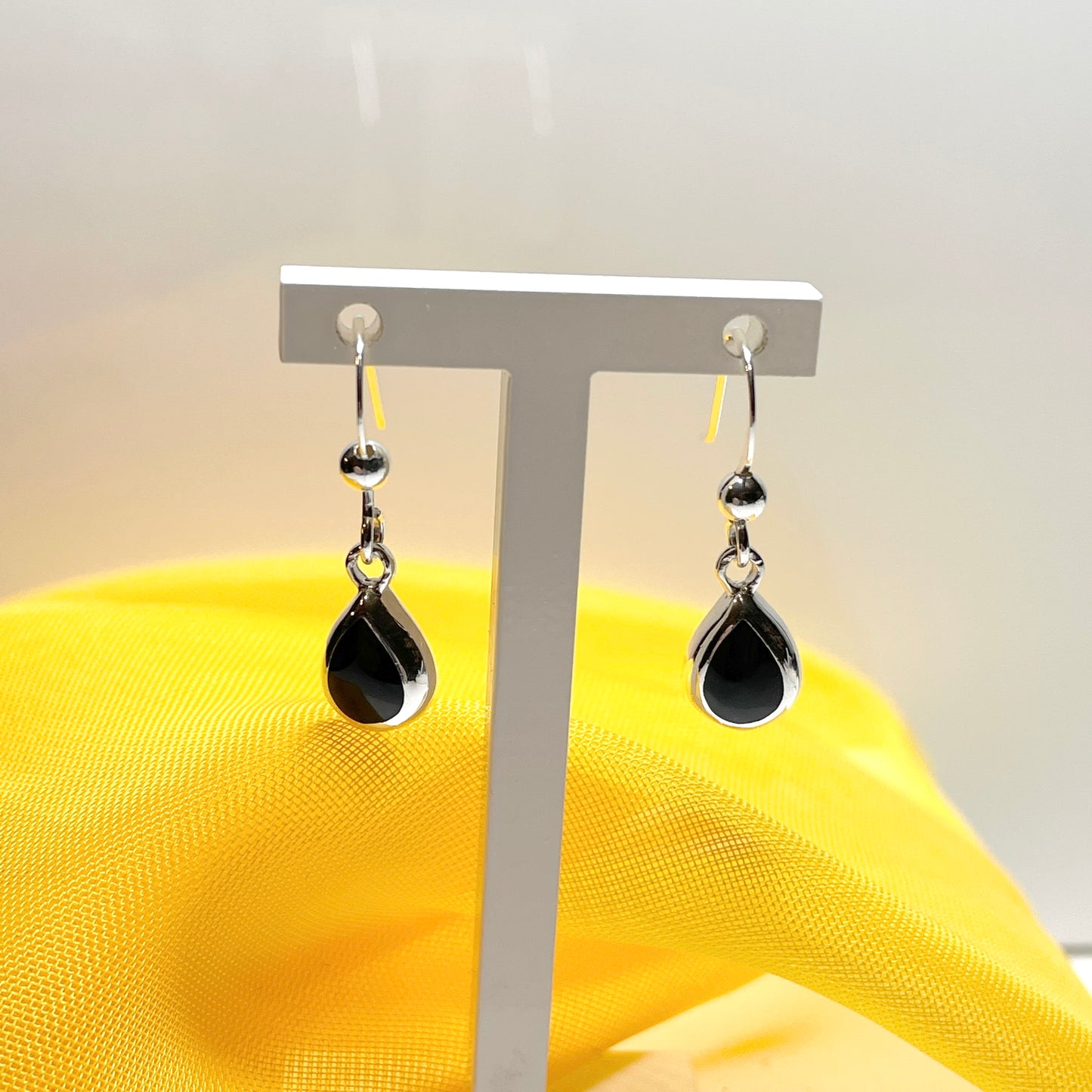 Sterling silver black real onyx drop earrings teardrop pear shaped