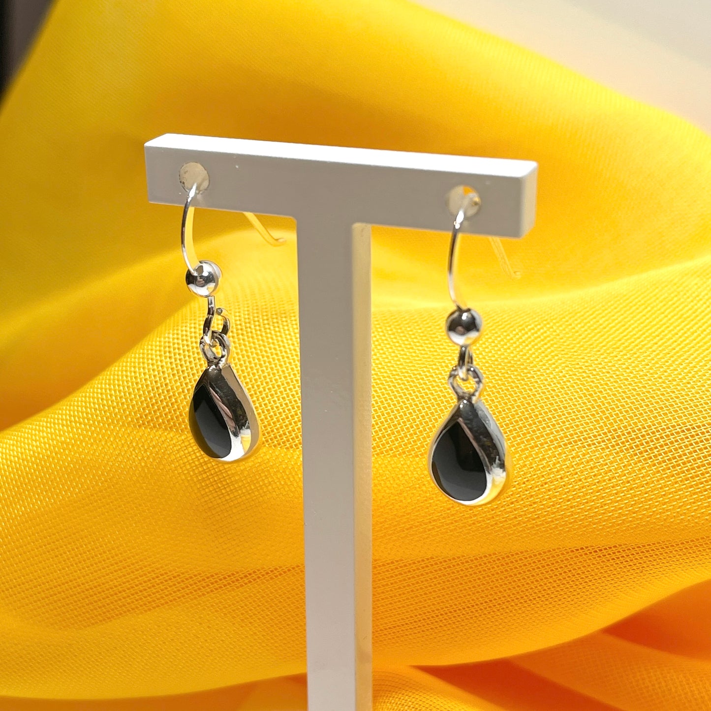 Sterling silver black real onyx drop earrings teardrop pear shaped