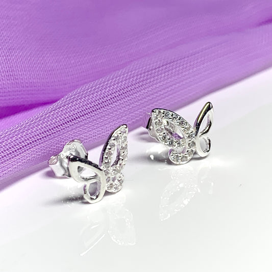 Sterling silver butterfly shaped cubic zirconia stud earrings