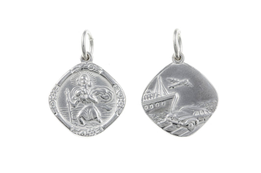 Sterling silver cushion shaped St. Christopher double sided with chain