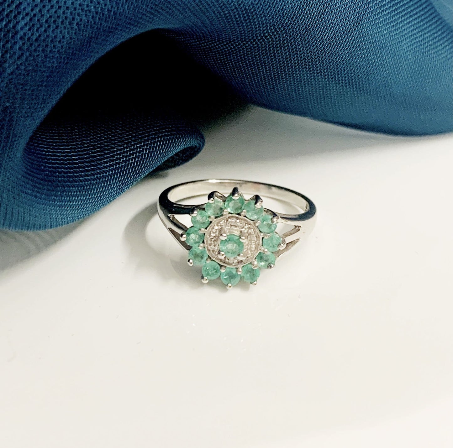 Round Emerald And Diamond Sterling Silver Green Cluster Ring