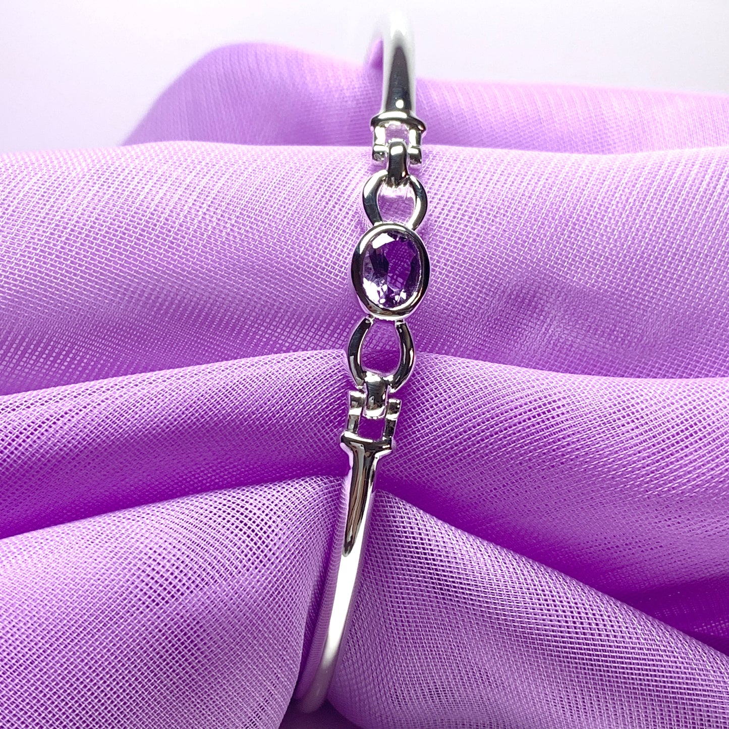 Sterling silver oval real amethyst purple bangle