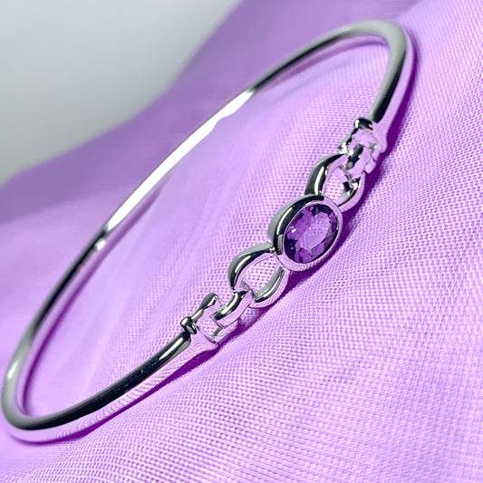 Sterling silver oval real amethyst purple bangle
