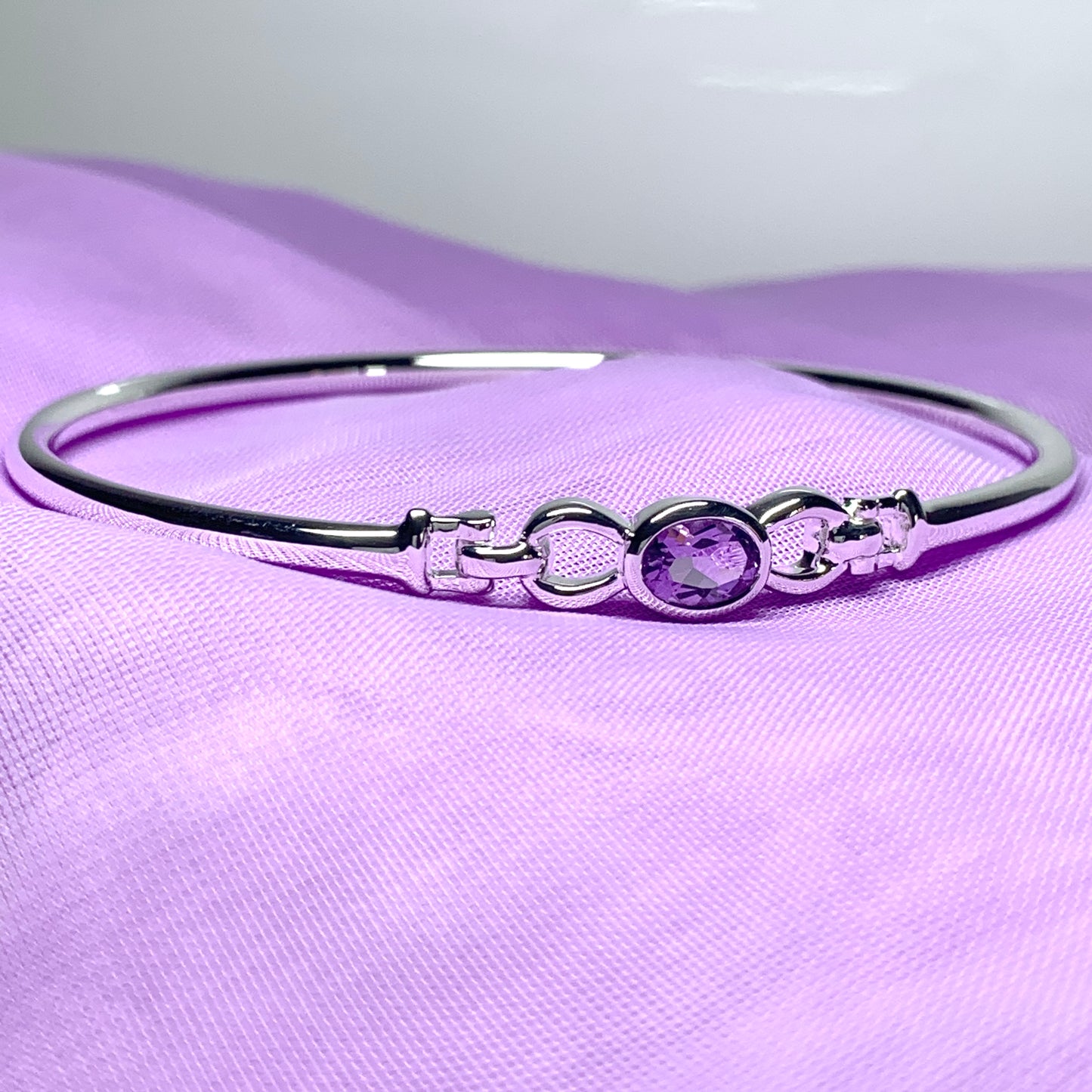 Sterling silver oval real amethyst purple bangle