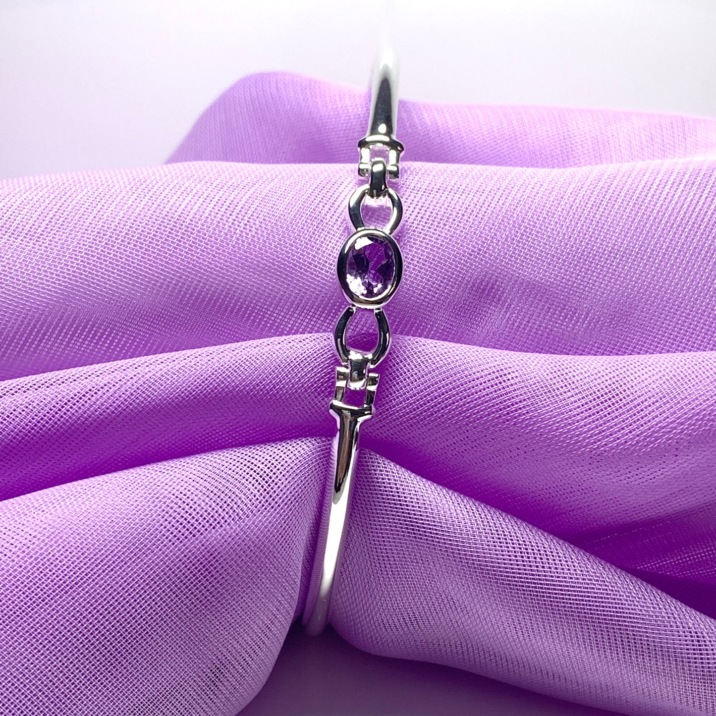 Sterling silver oval real amethyst purple bangle