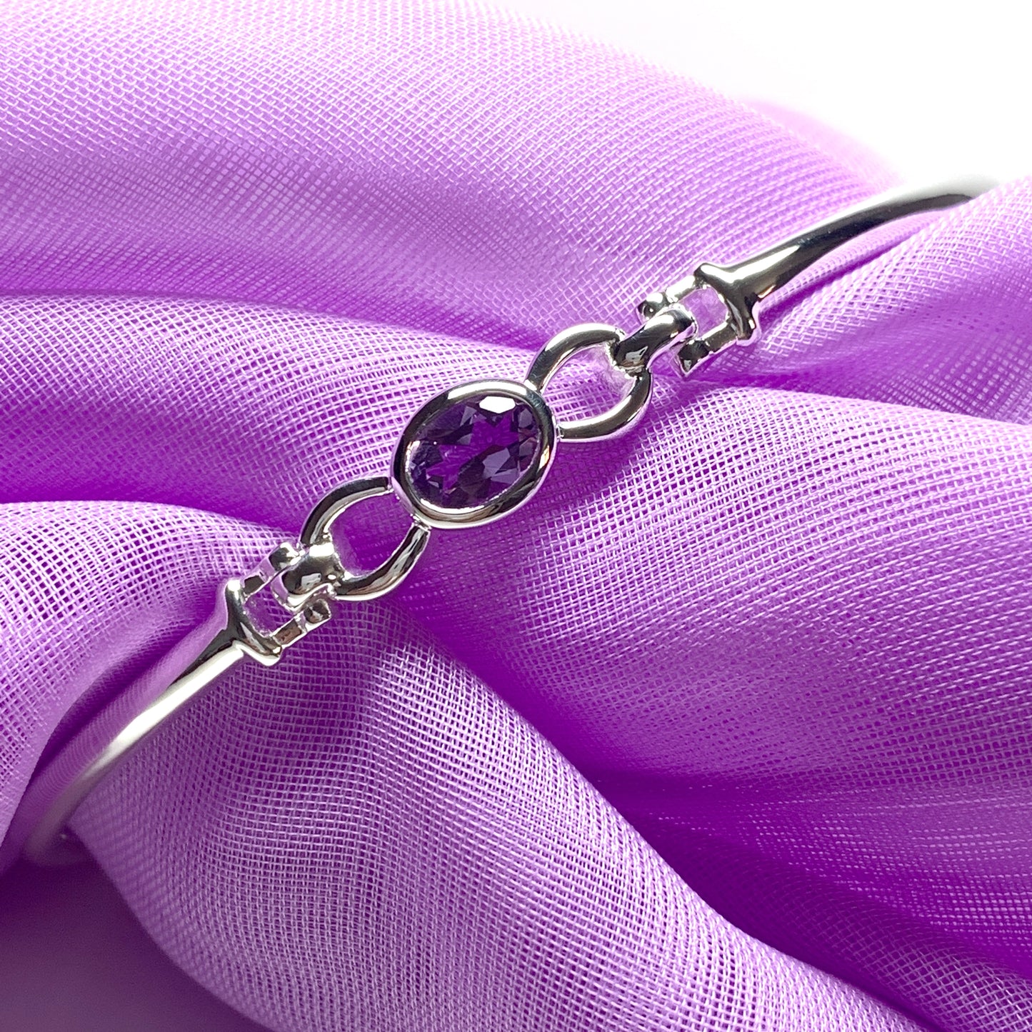 Sterling silver oval real amethyst purple bangle