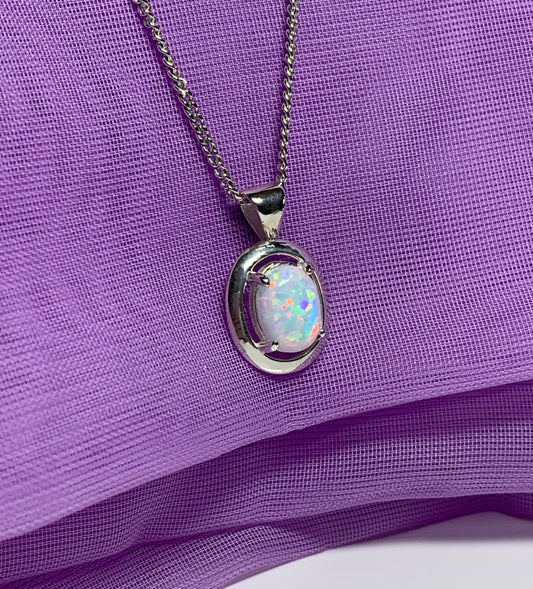 Sterling silver oval opal necklace halo