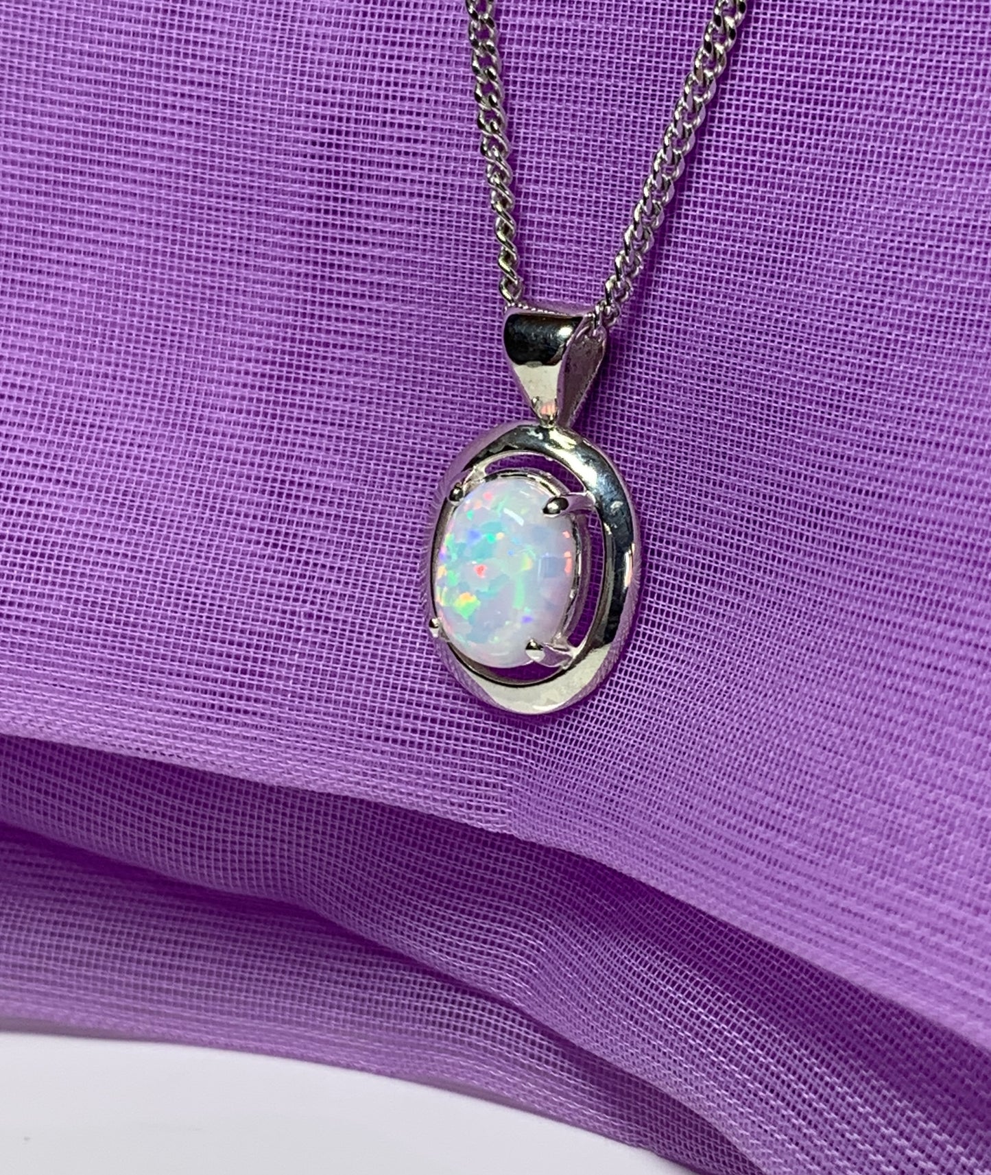 Sterling silver oval opal necklace halo