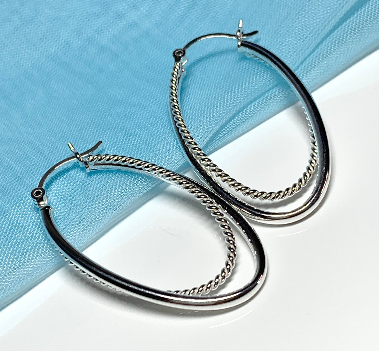 Sterling silver patterned double oval hoop creole earrings