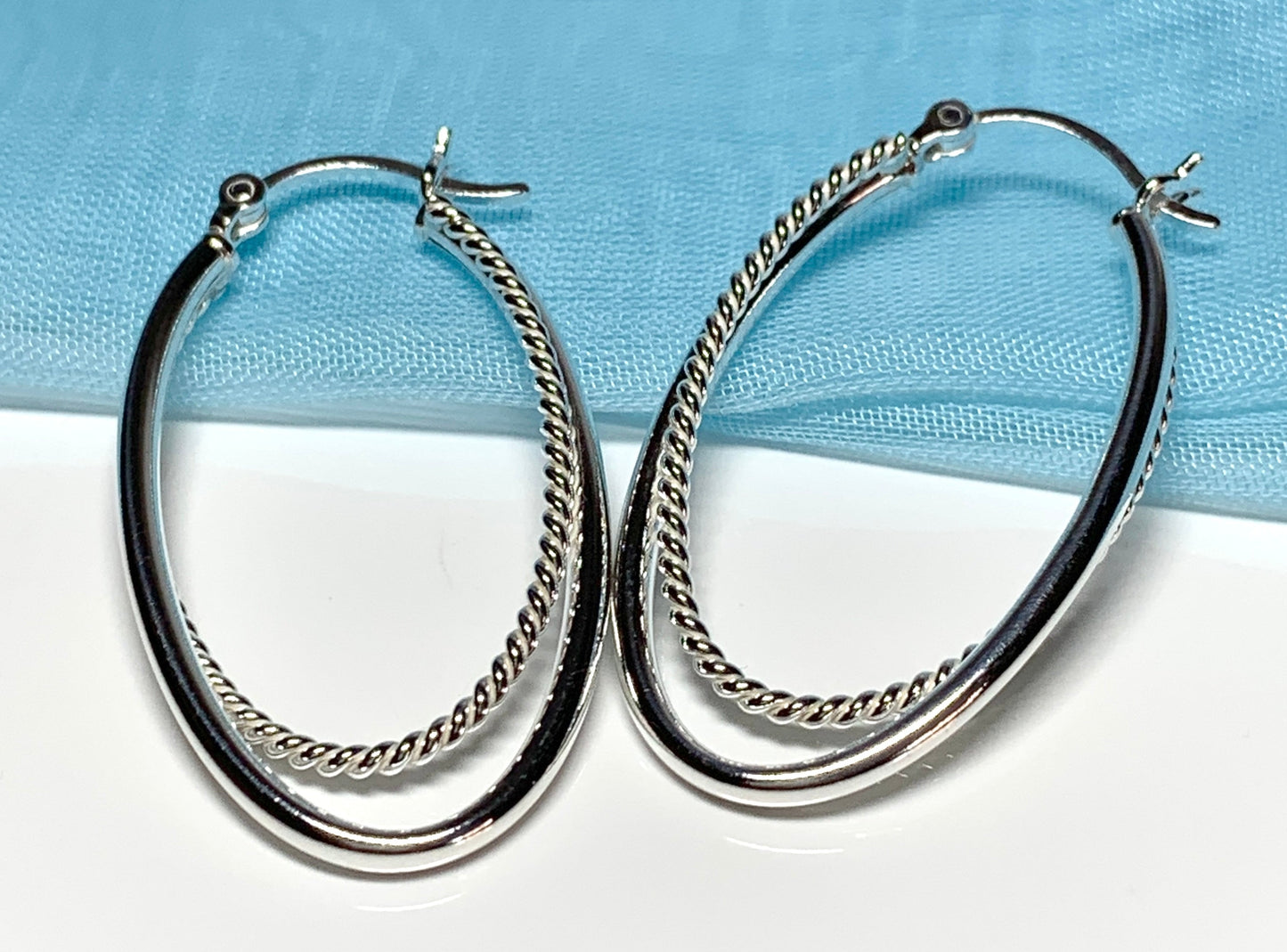 Sterling silver patterned double oval hoop creole earrings