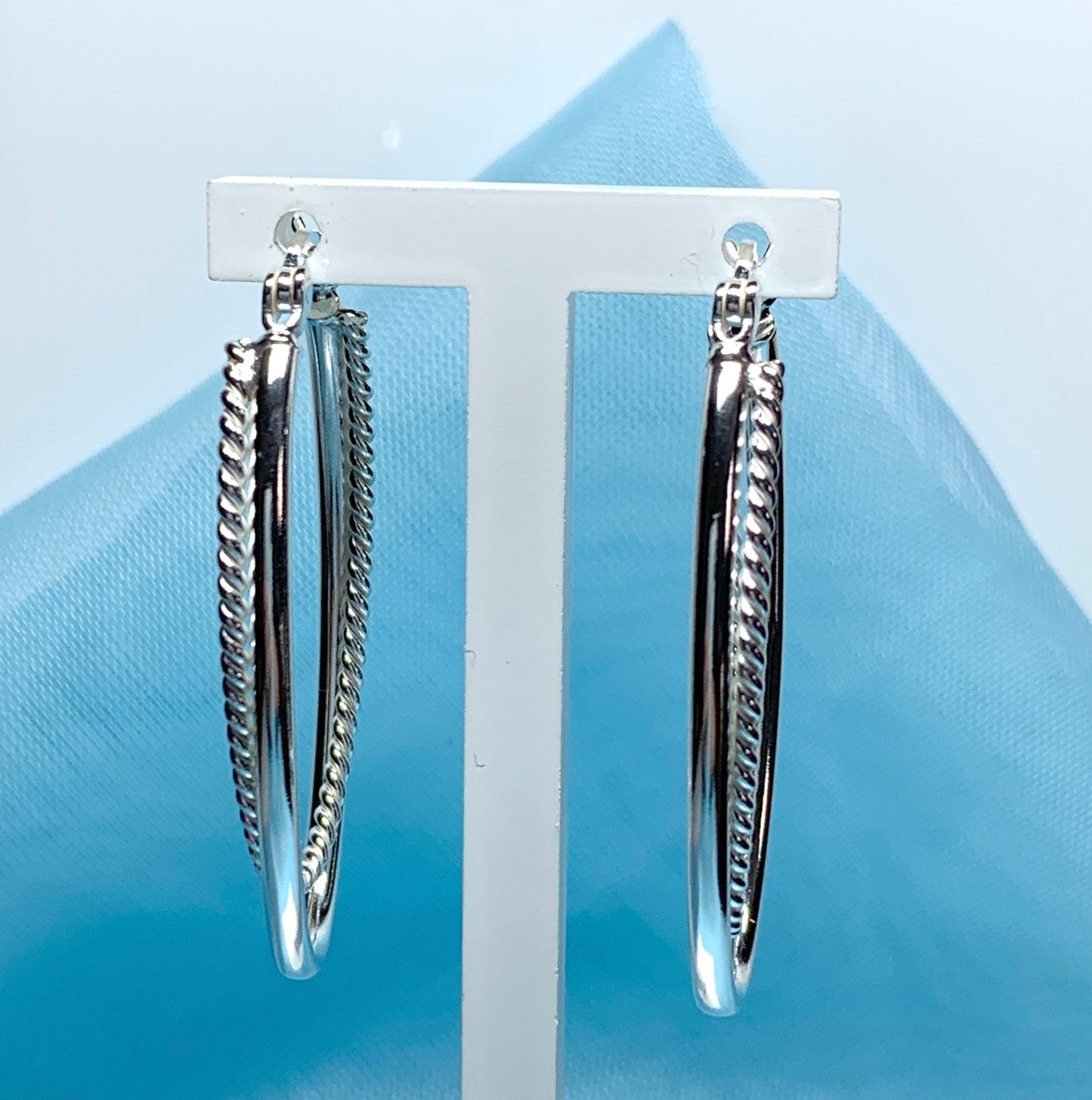 Sterling silver patterned double oval hoop creole earrings