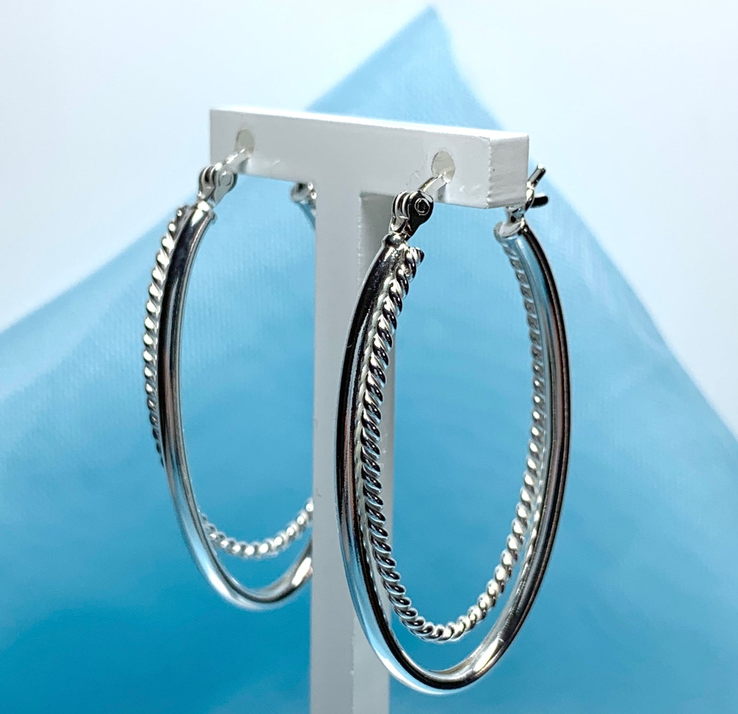 Sterling silver patterned double oval hoop creole earrings