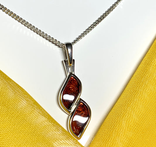 Sterling silver real amber double marquise shaped necklace