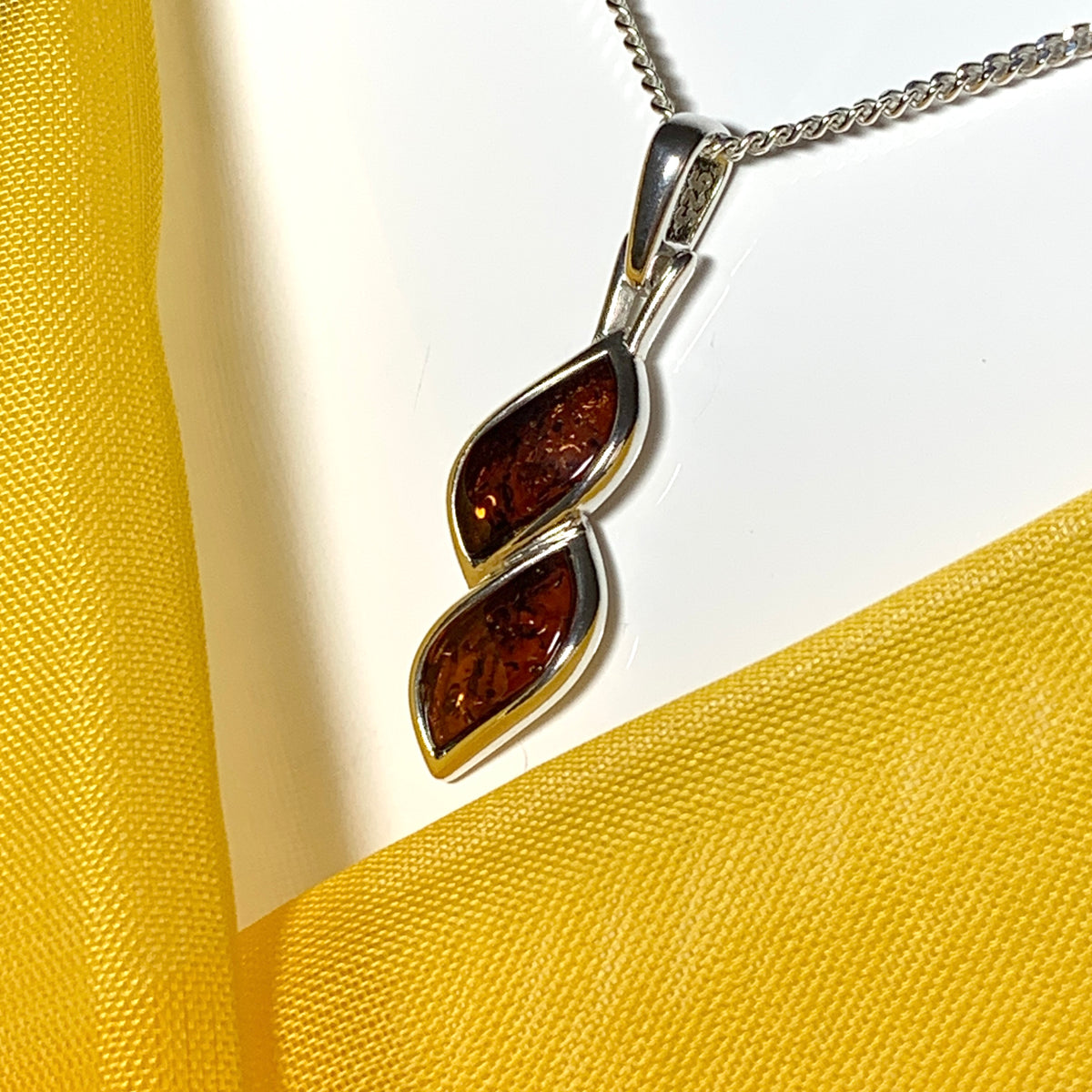 Sterling silver real amber double marquise shaped necklace